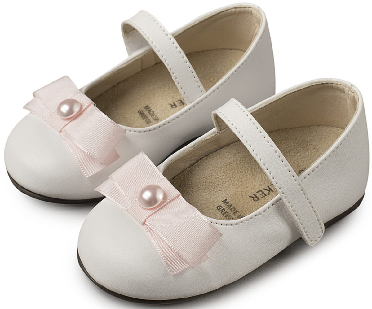 Βαπτιστικά Παπούτσια Περπατήματος Γοβάκια Με Φιόγκο & Πέρλα Λευκο Ροζ BS3500