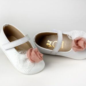 Βαπτιστικά Παπούτσια Αγκαλίας Μπαλαρίνα Λευκό Με Dusty Pink Λουλούδι K307A