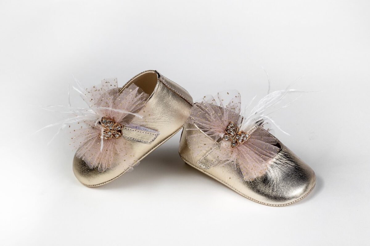 Βαπτιστικά Παπούτσια Αγκαλίας Μπαλαρίνα Χρυσό Dusty Pink Με Πεταλούδα & Φτερά K312X
