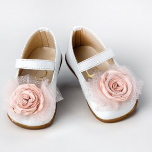 Βαπτιστικά Παπούτσια Πρώτα Βήματα Μπαλαρίνα Λευκό Με Λουλούδι Ροζ & Τούλι Με Glitter K336A
