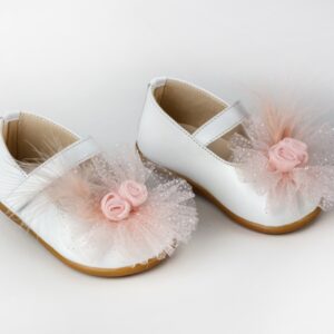 Βαπτιστικά Παπούτσια Πρώτα Βήματα Μπαλαρίνα Λευκό Με Λουλούδι Ροζ & Τούλι Με Glitter & Φτερά K337A
