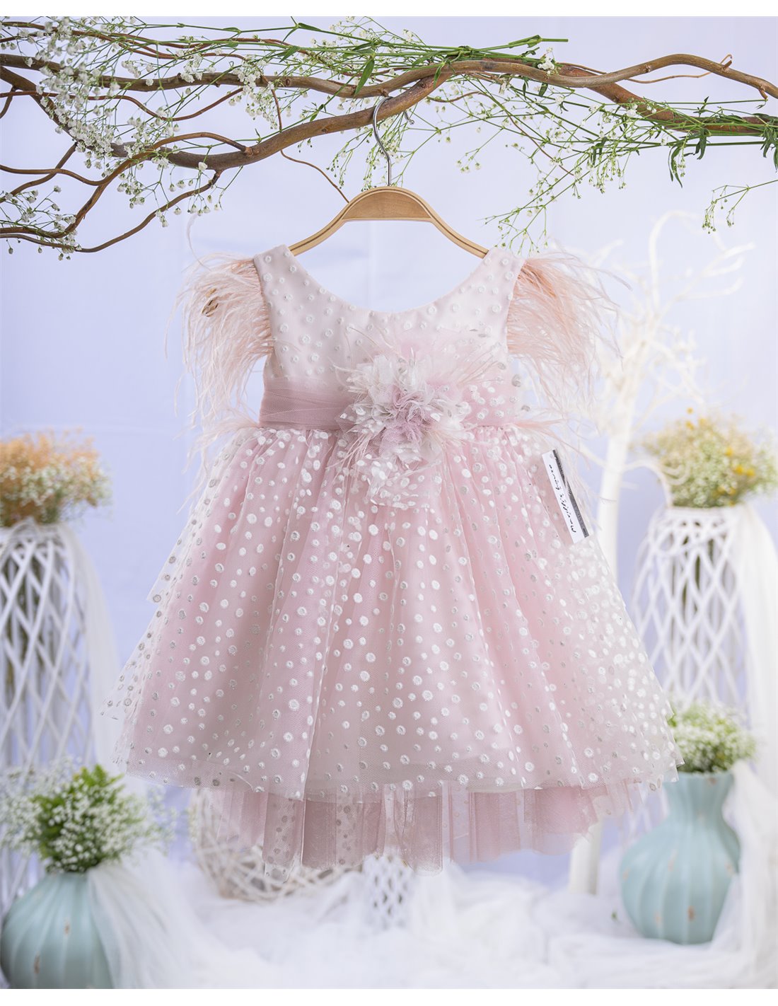 Βαπτιστικό Φόρεμα Ροζ Πουά με Φτερά Για Κορίτσι MAR-2311285