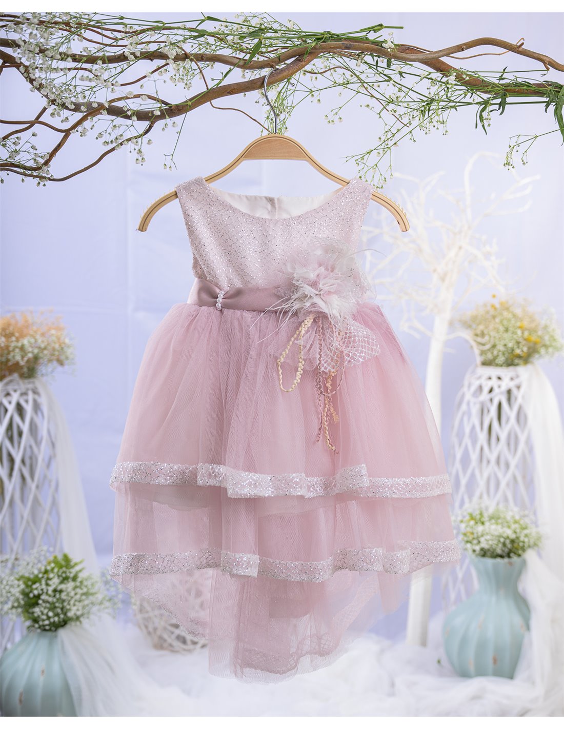 Βαπτιστικό Φόρεμα Για Κoρίτσι Με Τούλι και Glitter Σάπιο Μήλο MAR-2318370