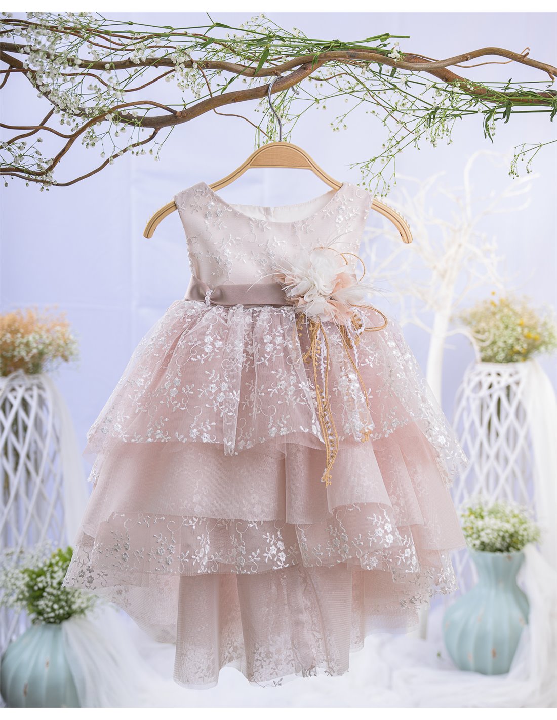 Βαπτιστικό Φόρεμα Για Κορίτσι Με Δαντέλα & Τούλι Σάπιο Μήλο MAR-2311685