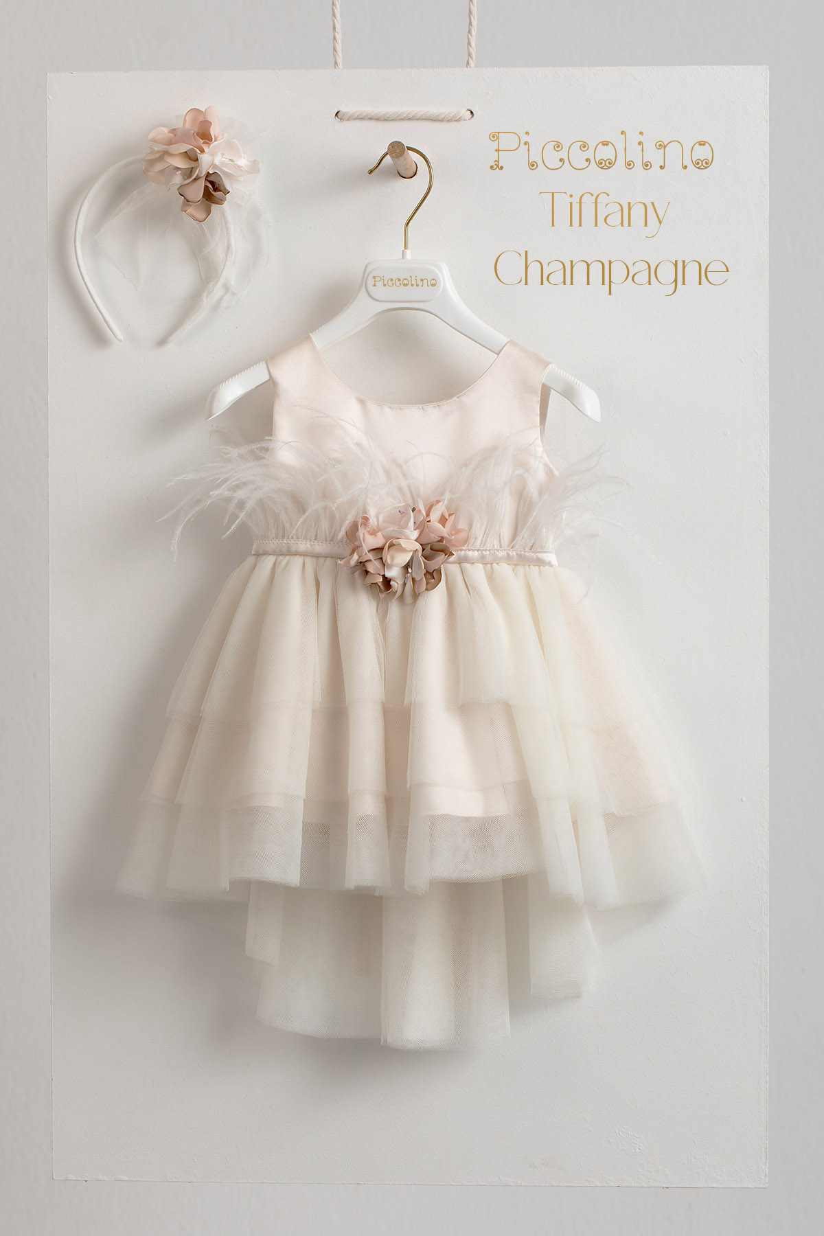 Βαπτιστικό Φόρεμα Από Τούλι Με Πούπουλα & Λουλούδι Piccolino Tiffany Champagne DR22S71