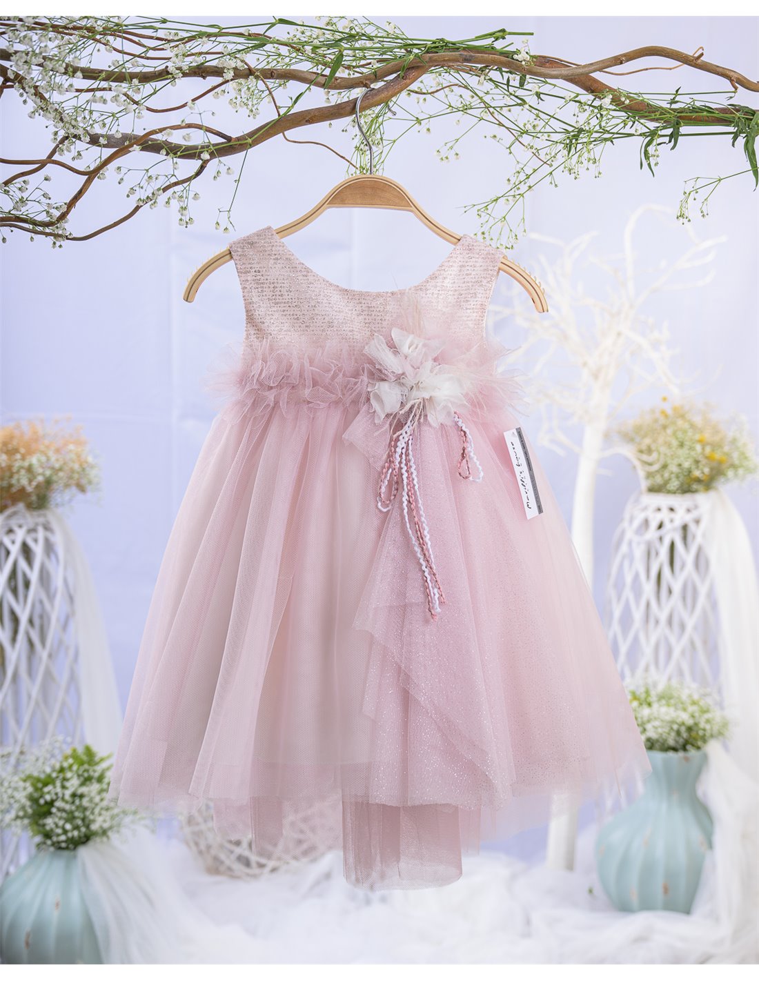 Βαπτιστικό Φόρεμα Για Κορίτσι Τουλί & Glitter Ροζ MAR-2314870