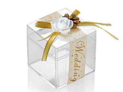 Μπομπονιέρα Κουτί Plexiglass Μπιζουτιέρα Τετράγωνη Με Κορδέλα ”WEDDING” & Λουλούδι ΜΠ209-4483