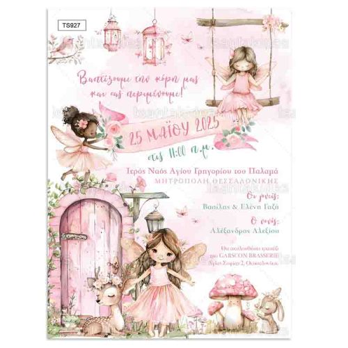 Προσκλητήριο Βάπτισης Για Κορίτσι Με Θέμα Fairy Garden TS927