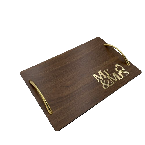 Δίσκος Ξύλινος Γάμου Με Χρυσό Plexiglass Με "Mr -Mrs" XPL3003